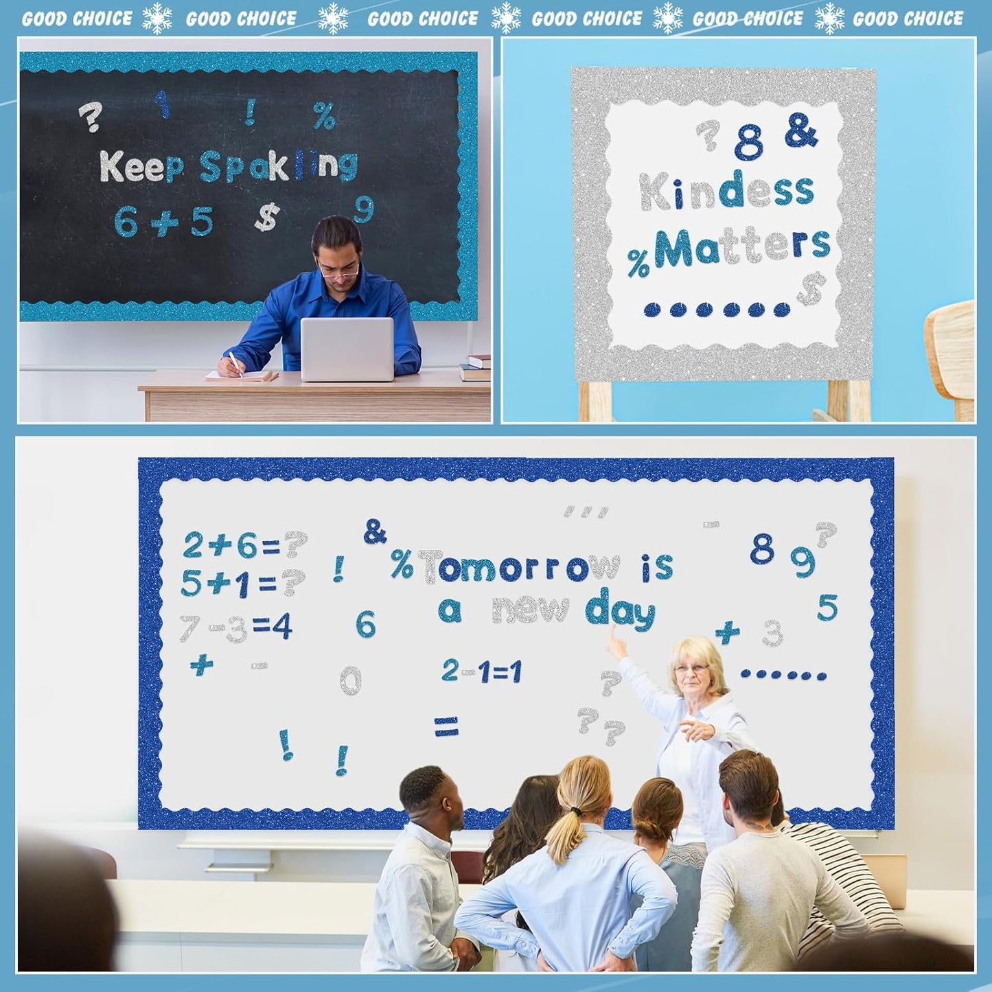 221 Pcs Classroom Bulletin Board Letters Colorful Alphabet Cutouts Number and Punctuation Symbol Combo Letter Cutouts for Wall Chalkboard Poster Board Decor(Blue Glitter Round)