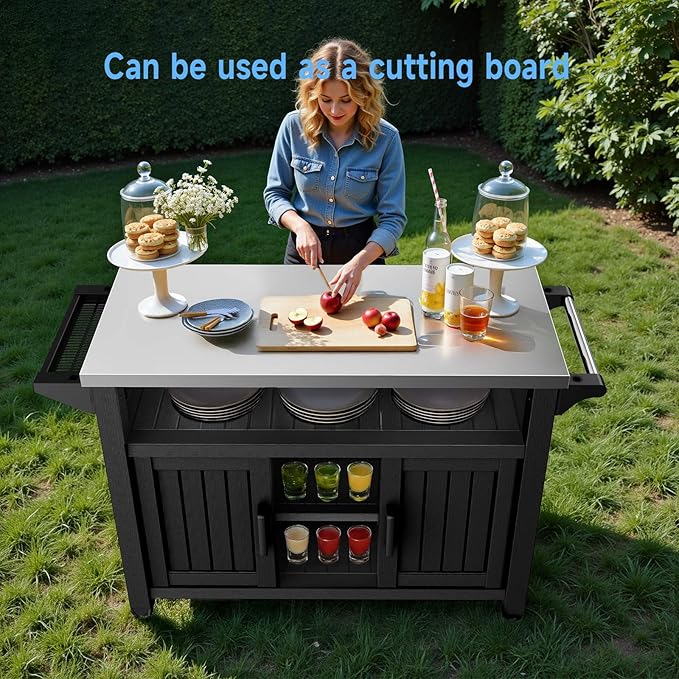 Portable Outdoor Prep Table with Stainless Steel Top – Rolling Storage Cabinet for Patio, BBQ, and Backyard Cooking (Black)