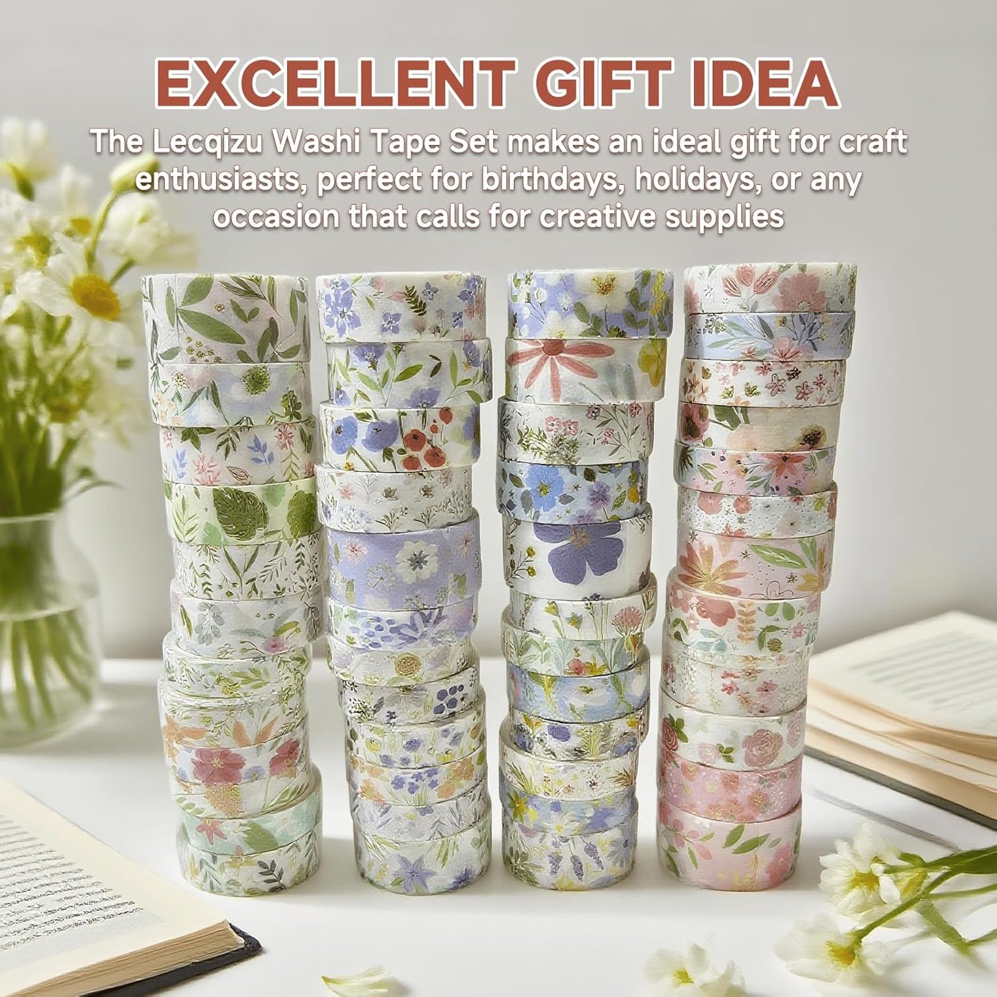 Floral Gilding Decorative Washi Tape Set,48 Rolls,Colorful Craft Tape for Journaling,DIY Crafts,Scrapbooking (Pin+Purple+Green+Blue)