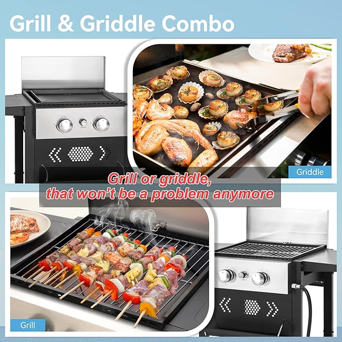 GREEN PARTY 2 Burner Griddle Grill Combo, 2 in 1 Propane Gas BBQ Grill w/Cast Iron Plate, 20,000 BTU Output Small Flat Top Propane Barbecue Grill for Camping, Patio, Backyard, Balcony