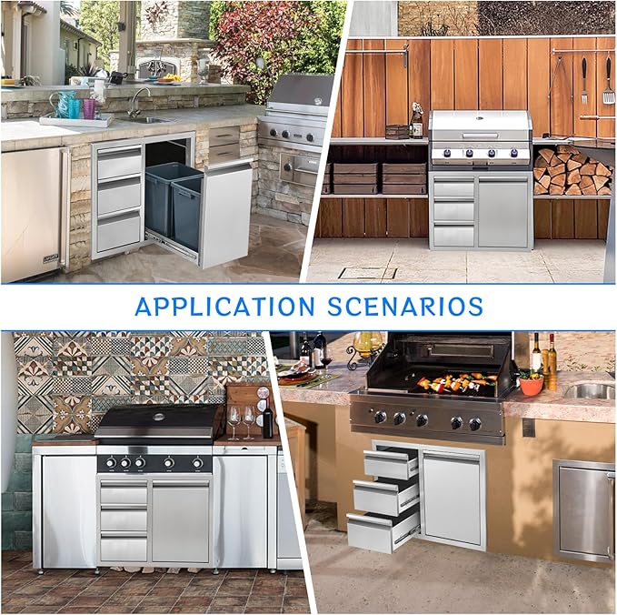 Outdoor Kitchen Drawer Combo, Stainless Steel Triple Drawer Cabinet with Built-in Trash Bin Drawer & Two Trash Cans, 28" W x 22" H x 19.5" D Outdoor Kitchen Storage for BBQ Grill Islands