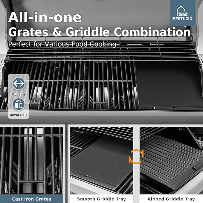 MFSTUDIO 7 Burner BBQ Gas Propane Grill with Searing Side Burner, Porcelain-Enameled Cast Iron Grates and Dual-Side Griddle Combo for Outdoor Barbecue Cooking