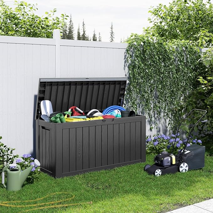 90 Gallon Deck Box,Resin Outdoor Storage Box with Lockable for Patio Furniture, Pool Accessories, Garden Tools Waterproof Outside Storage Box, Black