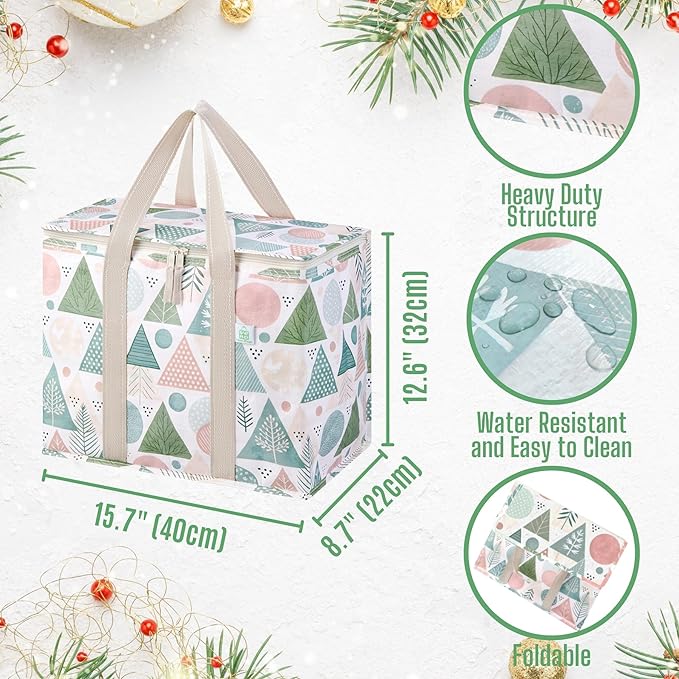 VENO 2 Pack Cooler Bag, Insulated Grocery Bags for Food Delivery, Collapsible Cooler, Reusable Shopping Bags for Groceries, Hard Bottom, Zippered, Foldable, Christmas Pattern (Pastel Forest, 2 Pack)