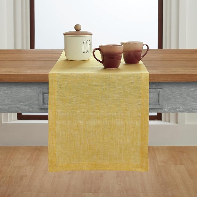 Solino Home Linen Table Runner 144 Inches Long - Athena, 100% Pure Linen Chambray Lemon Yellow Table Runner 14 x 144 Inch for Dining, Spring, Easter