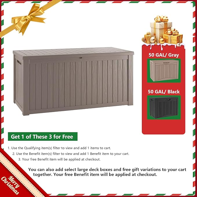 TARKARI 50 Gallon Lockable Resin Deck Box, Waterproof & UV-Resistant Outdoor Storage Box for Outdoor Cushion Storage, Garden Tools & Pool Accessories Storage, Gray