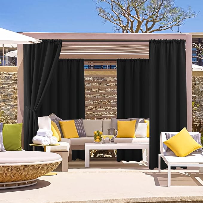 HolidayIdeas Outdoor Patio Curtains Waterproof with Rod Pocket 4 Panels 54x84 Inch- Weatherproof Balcony Outdoor Curtains for Apartments,Porch, Gazebo, Pergola, Sliding Glass Door, Black