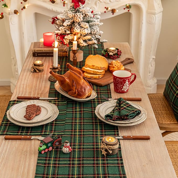 Green Yellow Plaid Christmas Table Runner, Winter Holiday Table Runners 72 inches Long Xmas Decorations Indoor Outdoor Farmhouse Home Kitchen Dining Party Decor