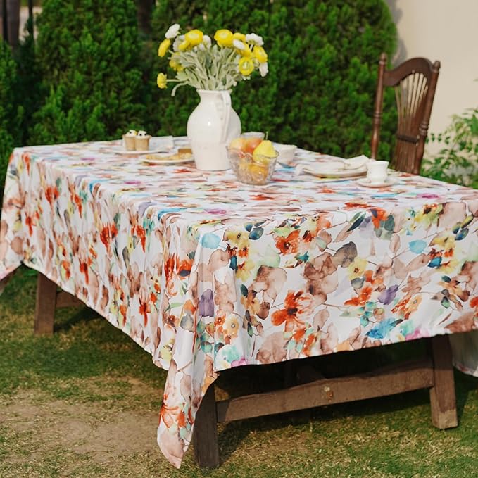 Rectangle Outdoor Tablecloth 60 x 108 Inch, Spillproof Waterproof Tablecloth, Durable Floral Print Pattern Farmhouse Table Cover for Dining, Party, Easter, Orange Flower