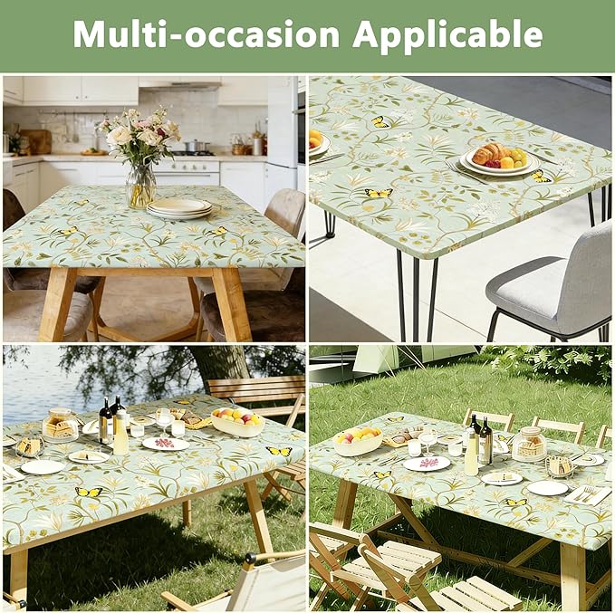 Rectangle Picnic Table Cloth, Elastic Waterproof Fitted Vinyl Tablecloths for 5 Foot Tables, Wipeable Flannel Backed Table Covers for Dining, Camping, Outdoor(Leaves,36"x60")