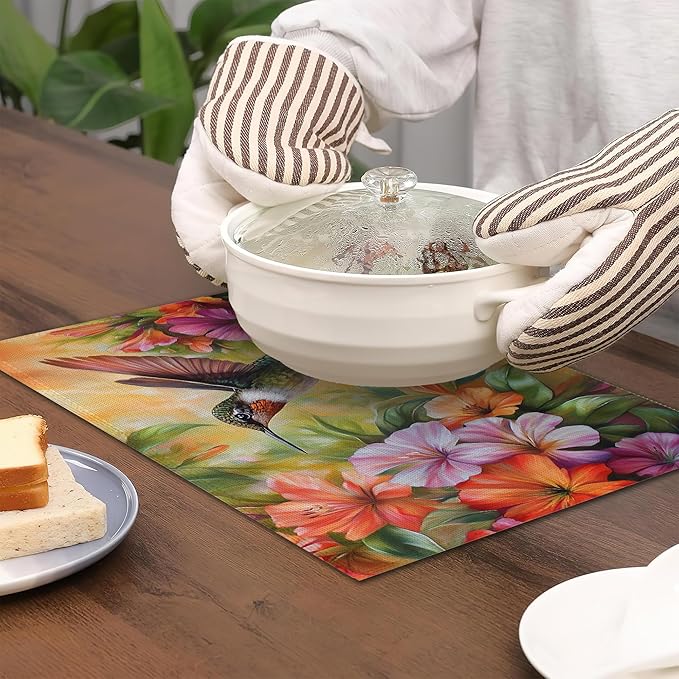 Hummingbird Placemats Set of 6,Colorful Flower Waterproof Non-Slip Washable Table Mats for Kitchen Dining Holiday Party Wedding Decor 12x18 Inch