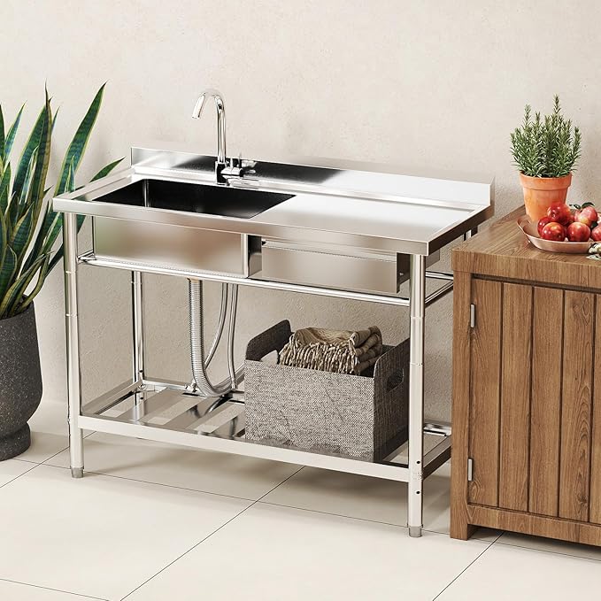 Stainless Steel Utility Sink, 47.2'' Free Standing Single Bowl Kitchen Sink with Cold and Hot Water Pipe, Right Drawer, Indoor and Outdoor for Laundry Room Farmhouse Kitchen(47.2 inch)
