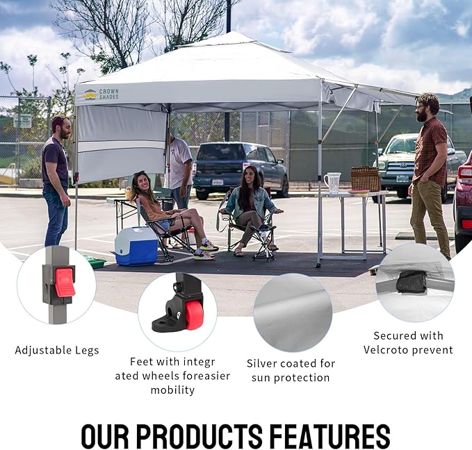 CROWN SHADES 10x10 Pop Up Canopy Tent with Patented Center Lock, 150D Silver Coated Fabric, 2 Extendable Awnings, Instant Commercial Canopy with 4 Weight Bags, Ropes, Stakes & Wheeled Carry Bag, White
