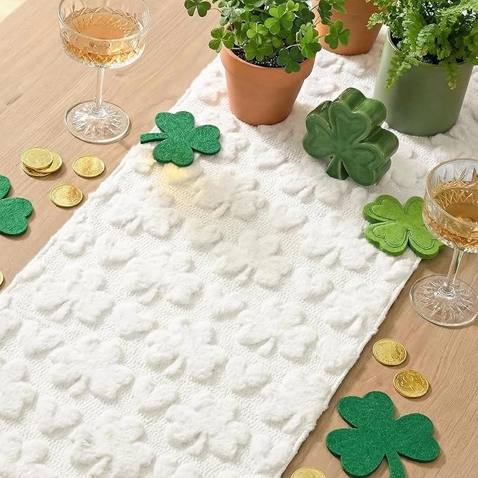 Artoid Mode White Soft Plush Faux Fur Jacquard Heart Clover St. Patrick's Day Table Runner, Seasonal Kitchen Dining Table Decoration for Home Party Decor 13x48 Inch