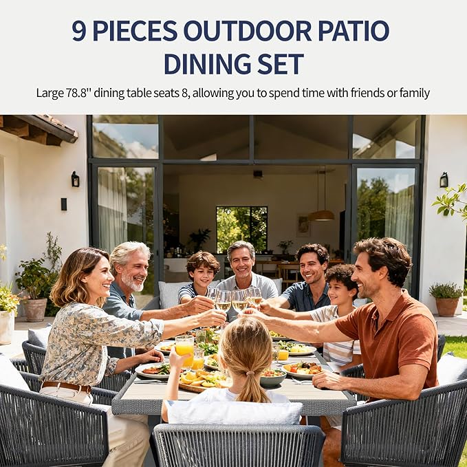 9 Pieces Patio Dining Set for 8 - All Weather Outdoor Dining Sets, All in One Outdoor Table and Chairs, Wicker Outdoor Patio Furniture Sets with Cushions and Pillows, Grey