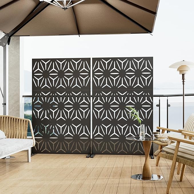 Heavy-Duty Outdoor Privacy Screen for Patio, Balcony, Backyard - 72" H * 44" W Tall Metal Room Divider with Modern Geometric Pattern, Anti-Tipping Kit, Weather Resistant, Easy Assembly