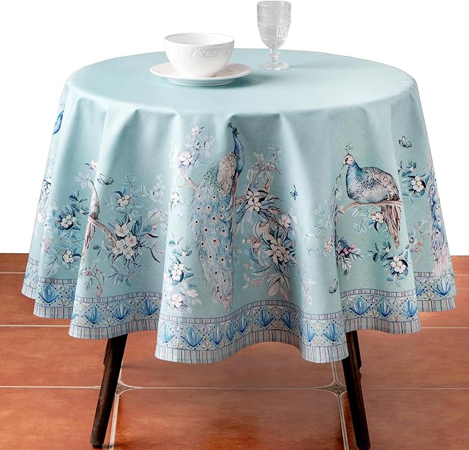 Maison d' Hermine Premium Table Cloth Round Table 100% Combed Cotton 70" Diameter Inches Tablecloth Reusable Decorative for Dining Room Home Party Festive Wedding - Peacock Utopia - Pastel Turquoise