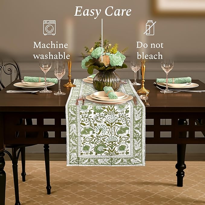 CPC Cotton Table Runner 16x106 inch Block Printed Long Fall Table Runner for Dining Table, Card Table, Coffee Table, Wedding, Farmhouse & Outdoor Barbeque-Agate Green