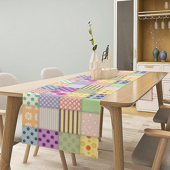 Patchwork Table Runner, Vintage Colorful Floral Plaid Tablecloth Table Runner for Indoors Outdoor Dining Kitchen Home Party 13x60in