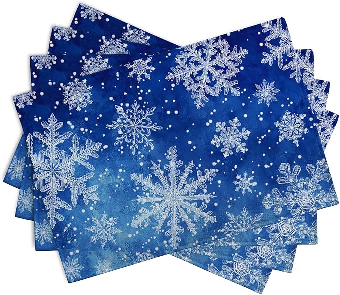 Winter Blue Snowflake Placemats Set of 4 Merry Christmas Snowflakes Linen Fabric Table Mats Seasonal Xmas Holiday Washable Place Mats for Party Kitchen Dining Outdoor Indoor Decor