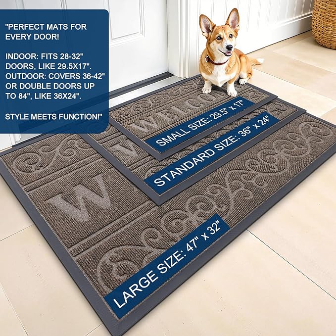 OLANLY Welcome Door Mat Indoor Outdoor Entrance, Heavy Duty Sturdy Front Door Mat, Waterproof All-Weather Doormat, Stain Resistant, Low Profile, Easy Clean Patio Entryway Mat, 29.5 x 17, Medium Brown