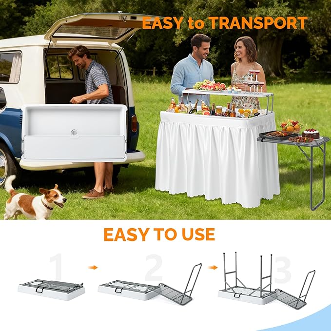 VINGLI Ice Table with Extra Storage Shelf,Side Table, Portasble Cooler Side Table with Removable Skirt, Patio Table, Indoor & Outdoor Bar for Events, Parties and Camping