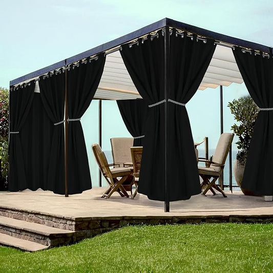 HolidayIdeas Grommet Outdoor Curtains for Patio Waterproof 8 Pcs All Weather Balcony Black Outside Curtains for Apartments, Gazebo, Pergolas, Porch, 54x95 Inch