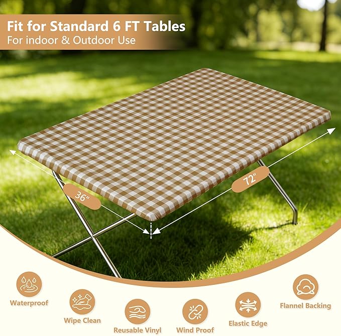 Rectangle Picnic Table Cloth, Elastic Waterproof Fitted Vinyl Tablecloths for 6 Foot Tables, Wipeable Flannel Backed Table Covers for Dining, Camping, Outdoor(Khaki Plaid,36"x72")