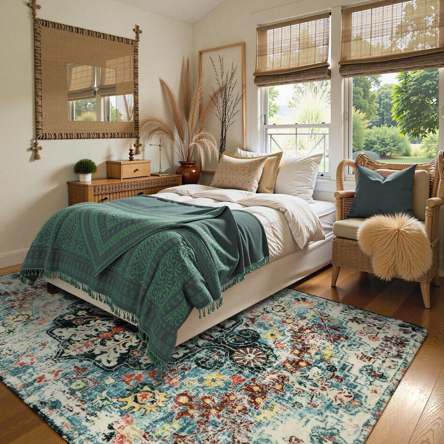 Lahome Bohemian Floral Medallion Area Rug - 5x7 Teal Large Washable Rugs for Living Room Soft Rugs for Bedroom, Turkish Non Slip Indoor Throw Carpet for Apartment Dining Room Entry Way