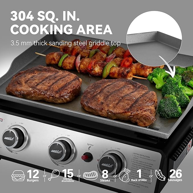 Royal Gourmet PD1301S Portable 3-Burner Tabletop Gas Griddle, 25,500 BTU Cooking Power, 304 Sq. In. Cooking Surface, Ideal for Camping & Tailgating, Black & Silver