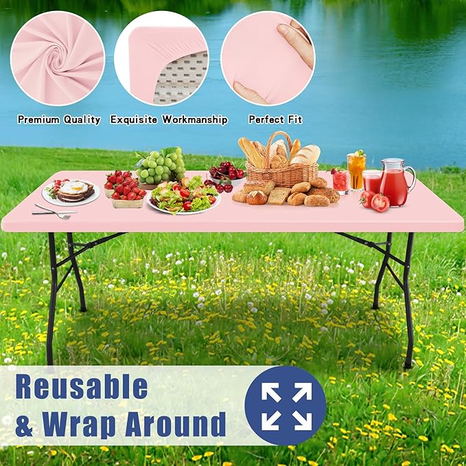 Spandex 5 Foot Rectangle Table Cloth 6 Pack, Elastic Fitted Tablecloths for Picnic, Stretch Washable Patio Table Cover for Outdoor, Camping, Banquet and Parties (Pink, 30"x60")