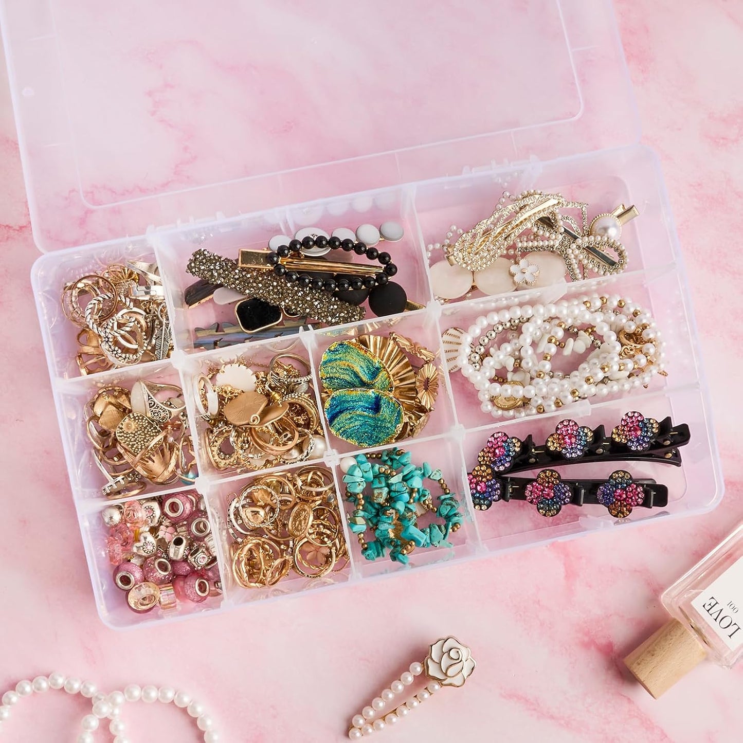 15 Grids Large Plastic Organizer Box with Adjustable Dividers, Clear Craft Organizer and Storage Tackle Box Compartment Container with Label Stickers for Beads, Jewelries, Tools