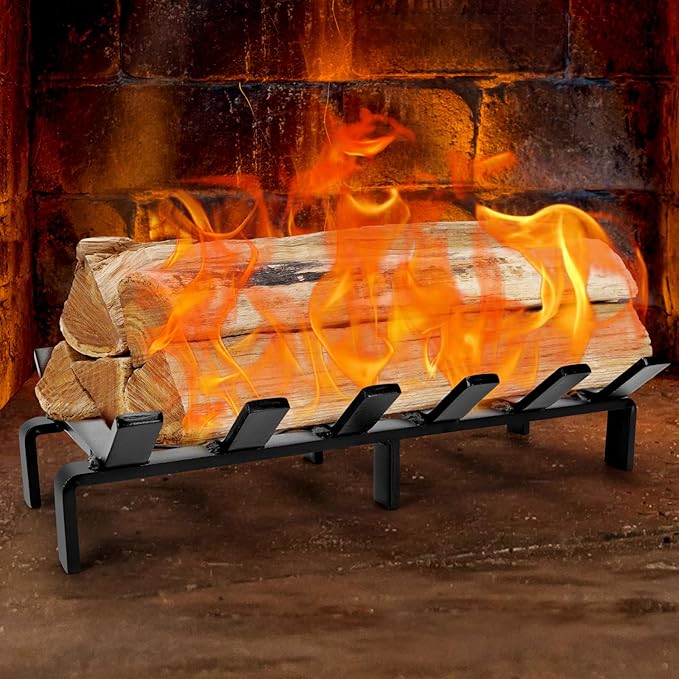 13" Fireplace Grate with Ember Retainer, Wood Stove Grate Rack, Heavy Duty Solid Steel Firewood Holder, Non-Assembly Fire Grate for Indoor Hearth Outdoor Firepit - Matt Black