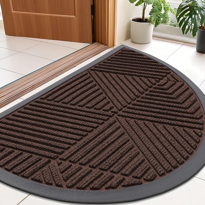 Smiry Half Circle Front Door Mat Outside Entrance, Heavy Duty Sturdy Natural Rubber Doormat, Trap Dirt and Moisture, Low Profile Mats for Indoor Outdoor Entry, Irregular Triangle (36x24, Dark Brown)