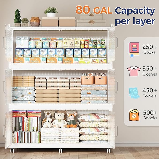 320GAL Extra Large Storage Bins with Lid, 1280QT Collapsible Organizer with Wheels, Stackable Closet Cabinet with Doors, Folding Storage Containers for Home, Office, Kitchen, 4Pack White