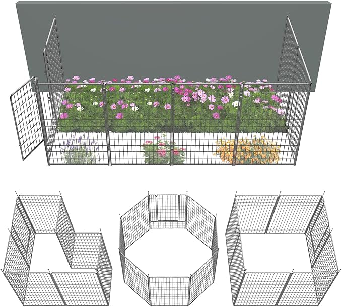 FXW Garden Fence Outdoor for The Yard – 50in(H) x 20.8ft(L) Heavy Duty Metal Animal Barrier for Dog and Rabbit, Decorative Dog Fence, 8 Panels, Silver