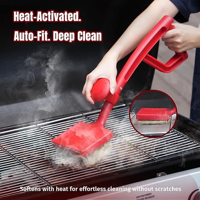 SHINESTAR Steam Grill Brush Bristle Free - Replaceable Cleaning Head with Unique Seamless-Fit Scraper, Durable Safe BBQ Cleaner for Cast Iron, Stainless-Steel & Various Grill Grate Types-Red