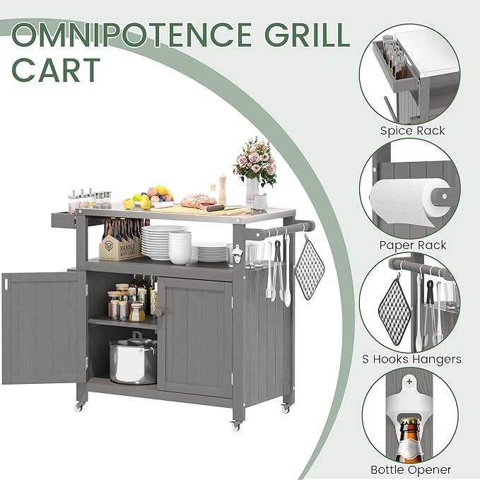Weatherproof HIPS Outdoor Kitchen Island with Stainless Steel Top & Storage Cabinet, Movable Prep Table with Wheels for BBQ Food Prep, Outdoor Grill Cart for Parties, Grey