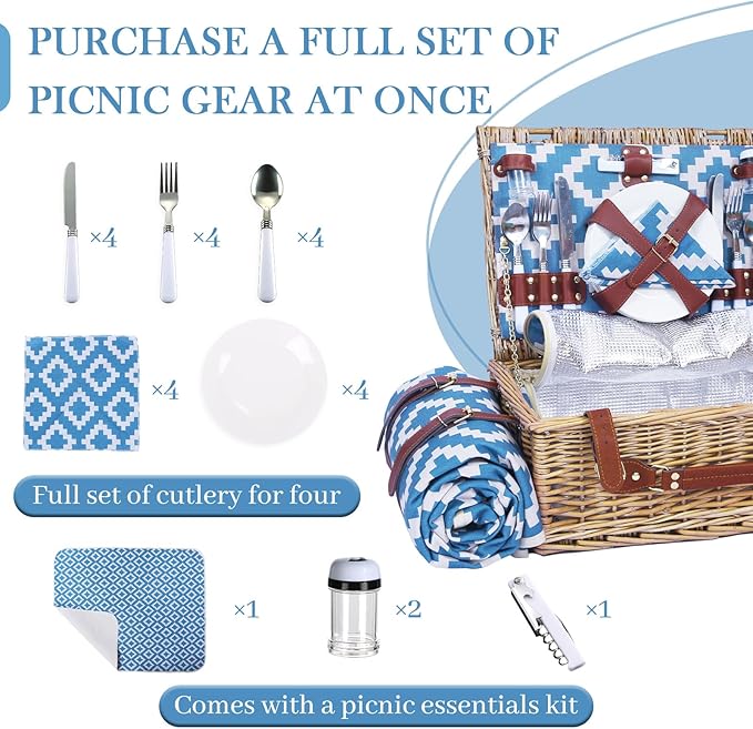 Neti Neti Wicker Picnic Basket for 4 with Insulated Cooler & Waterproof Blanket – Large Willow Picnic Hamper for Outdoor, Camping, Beach, Romantic Dates, Valentine’s Day