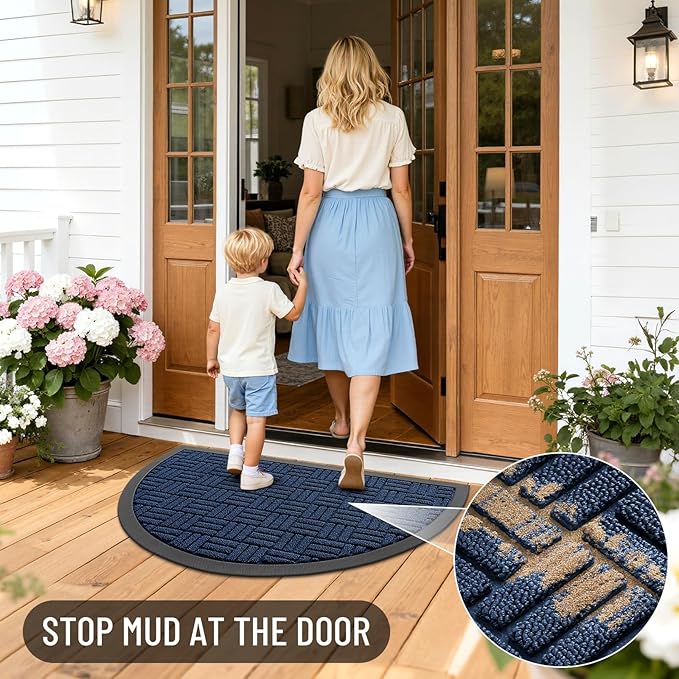 OLANLY Half Circle Door Mat Outside Entrance 29.5x17, Absorbent, Heavy Duty Sturdy Natural Rubber Doormat Indoor Outdoor, Fade Resistant, Non-Slip Backing Low Profile Floor Mat for Entryway, Navy Blue