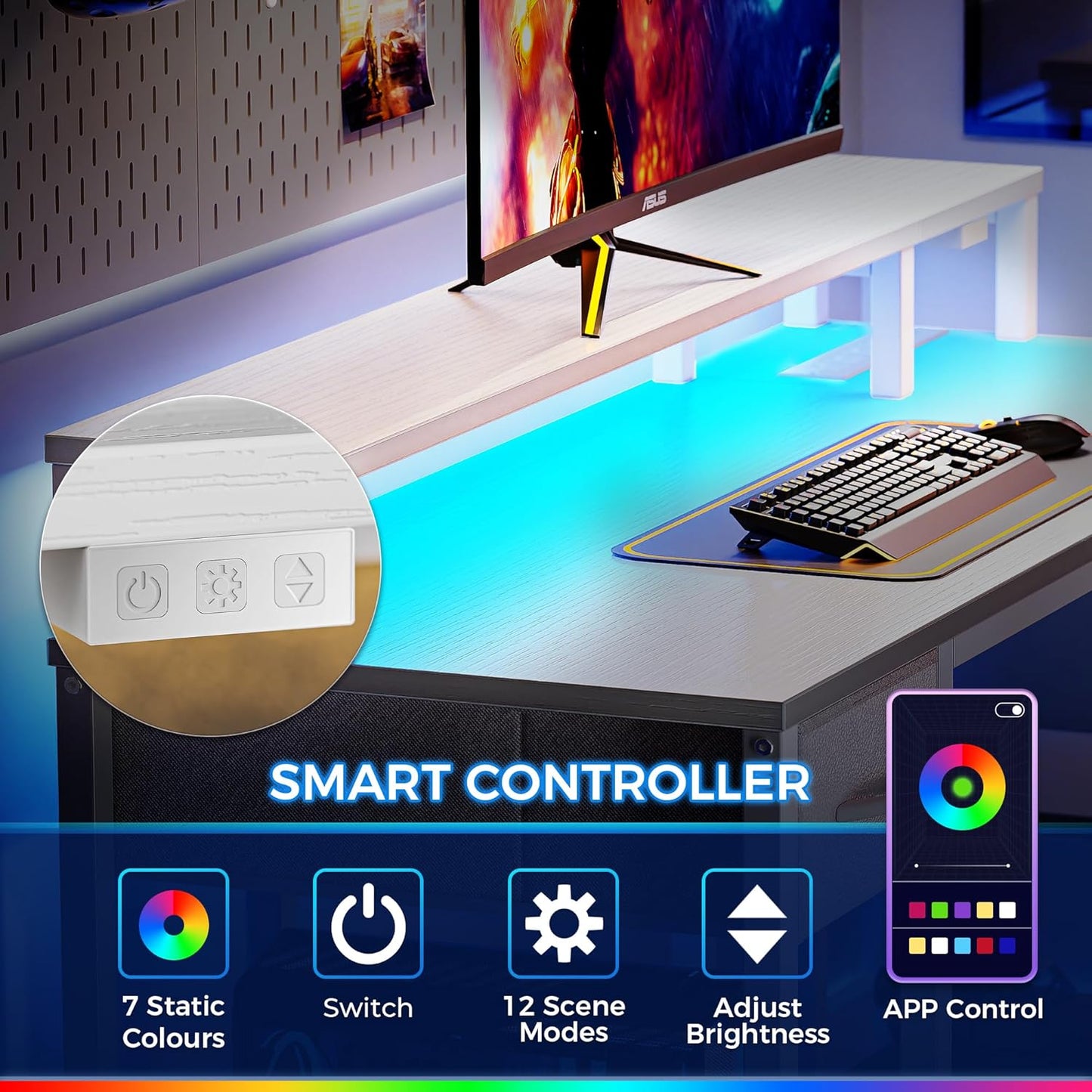 SUPERJARE 47 inch Reversible L Shaped Desk with LED Lights & Power Outlets, Computer Desk with Shelves & Monitor Stand, Gaming Desk with Drawer, Home Office Desk Corner Desk, PU White Drawer