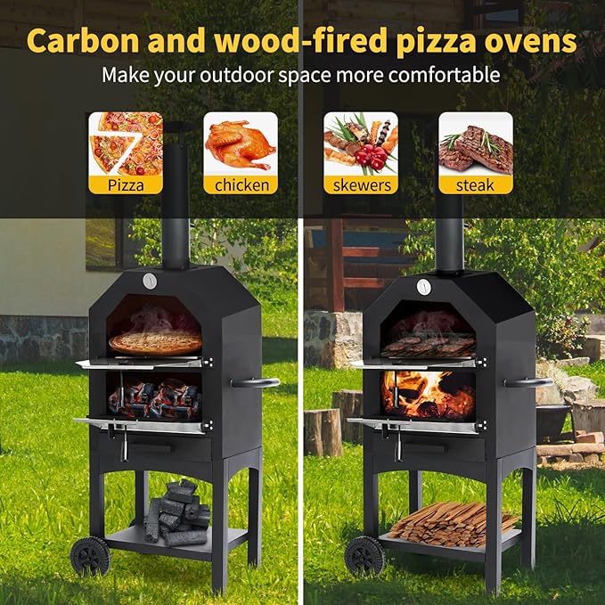 Outdoor Wood Fired Pizza Oven for Backyard and Camping - Portable Patio Pizza Maker with Baking Stone, Peel, Grill Rack and Waterproof Cover