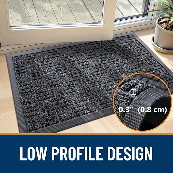 OLANLY Front Door Mat Outside Entrance 29.5x17, Absorbent, Heavy Duty Sturdy Natural Rubber Doormat Indoor Outdoor, Non-Slip, Stain and Fade Resistant, Low Profile Floor Mat for Entryway, Black Gray