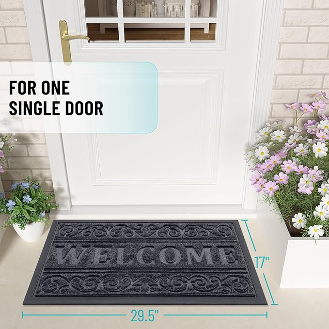 OLANLY Welcome Door Mat Indoor Outdoor Entrance, Heavy Duty Sturdy Front Door Mat, Waterproof All-Weather Doormat, Stain Resistant, Low Profile, Easy Clean Patio Entryway Mat, 29.5 x 17, Medium Grey