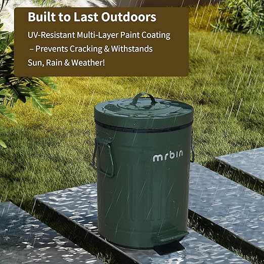 MRBIN Dog Poop Trash Can with Lid, 13L/3.4 Gal Round Pet Outdoor Waste Basket with Pedal, Step Touchless Garbage Pail for Outside Patio, Yard, Garage, Green Roman Stripe Design