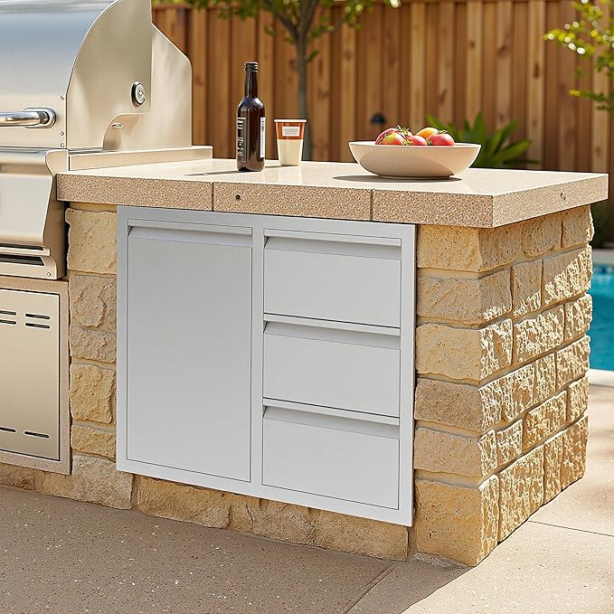 Jocisland Outdoor Kitchen Drawers 28" W×23" D×23" H Stainless Steel Drawers for Outdoor Kitchens, 3-Tier Cabinet & 3-Drawer Combo, Built-in BBQ Island Storage
