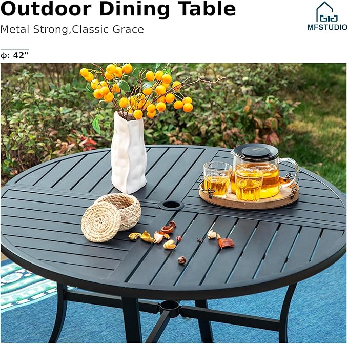 MFSTUDIO Patio Dining Sets with Swivel Chairs, Round Patio Table and Chairs, 5 Pieces Outdoor Furniture Set for 4, All Weather 42’’ Dining Metal Table for 4 & Brown Wicker Chair