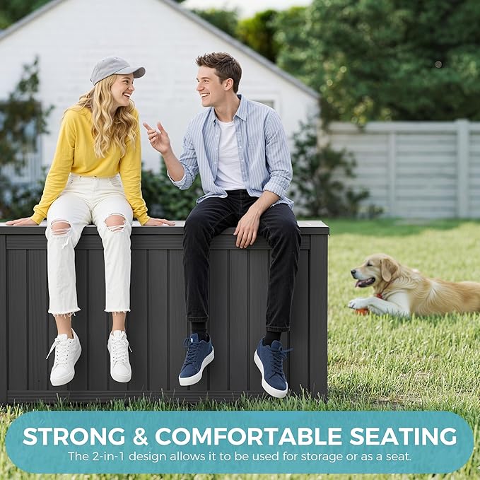 NUNU LAB 151 Gallon Outdoor Storage Box,Resin Large Sturdy Deck Box, Backyard Outside Storage Box Waterproof with Double Wall Panels,Package Delivery Garden Outdoor Hose Storage Bin,Black