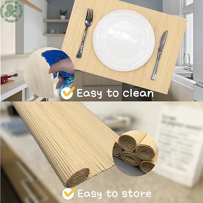 ANDSTAR Set of 4 Pcs Bamboo Placemats Sushi Rolling Mat Japanese Style Natural Anti-Slip Bamboo Placemats Washable Heat-Resistant Table Mats for Dining Room and Kitchen（Natural Color）
