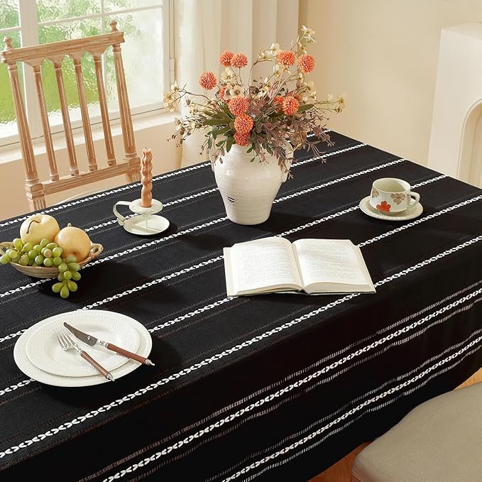 Chassic 60 x 84 inches Farmhouse Style Linen tablecloths, Wrinkle Resistant Washable Dining Room Table Cloths for Rectangle Tables - Hemstitch Black